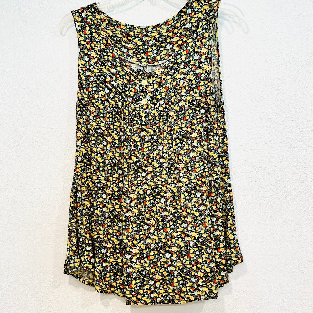 RoseLinLin Sleeveless Floral Top MultiColor Flowy Stretch 1/4 Button Up Size XXL